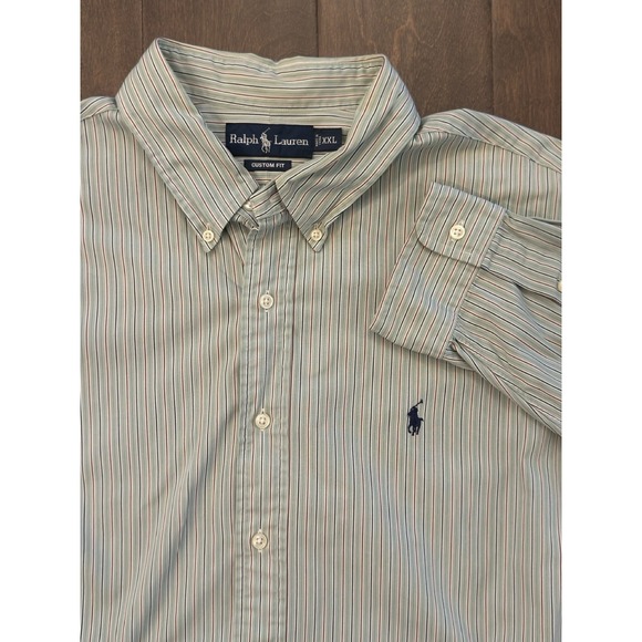 VTG Polo Ralph Lauren Custom Fit Shirt Mens Size 2XL Button Up Green Stripe Pony - Picture 1 of 7